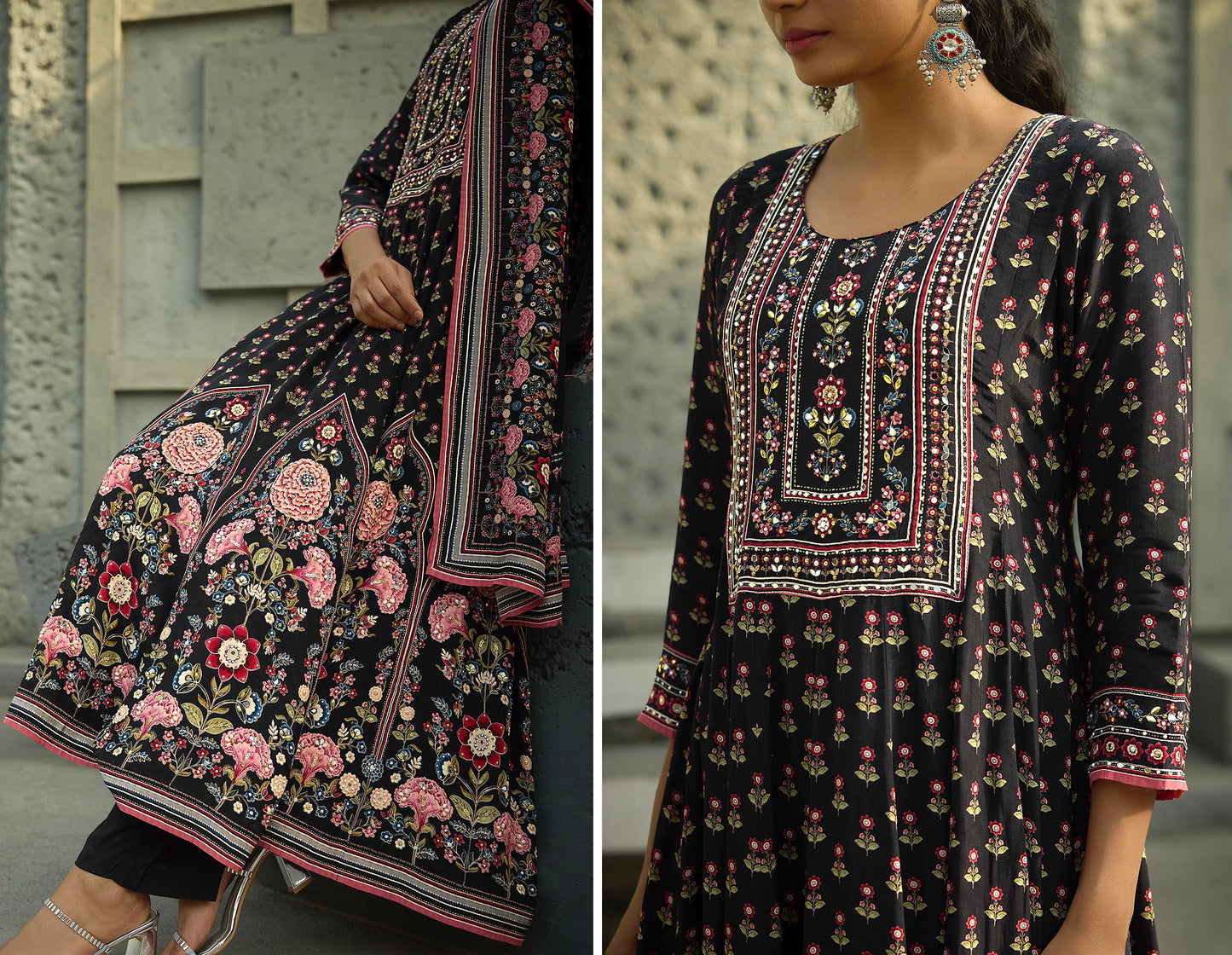 Black Floral Crepe Kalidar