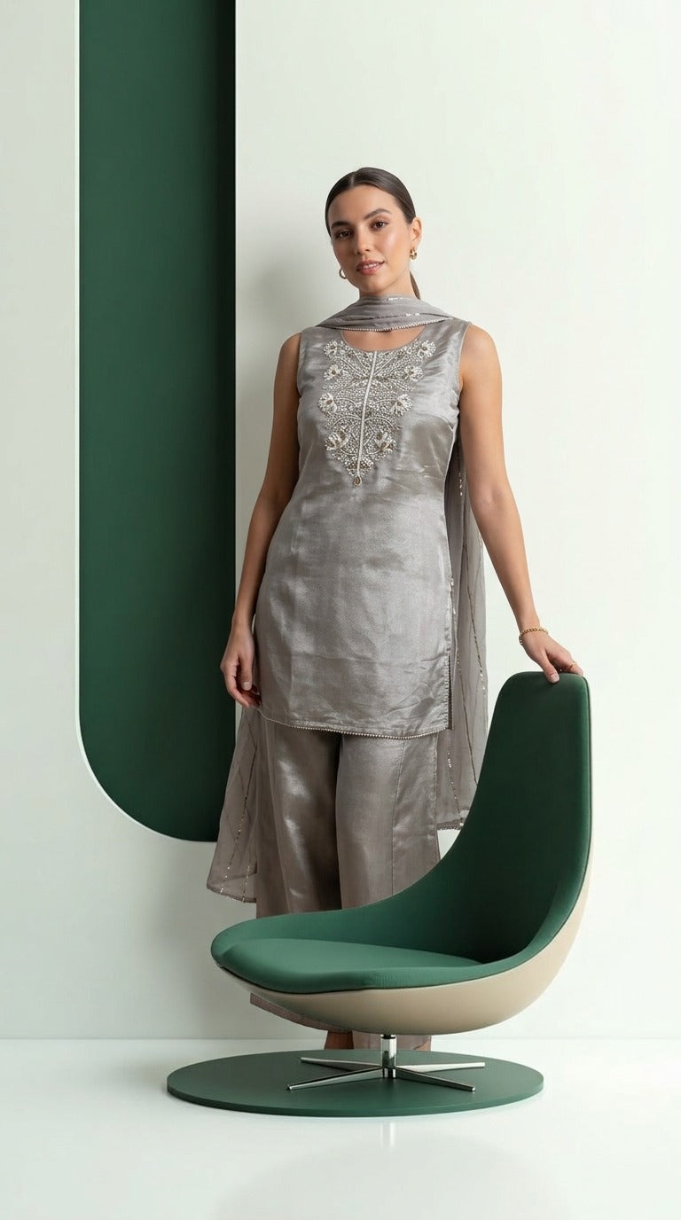 Light Grey Tissue Embroidered Palazzo Set with Zari Dupatta
