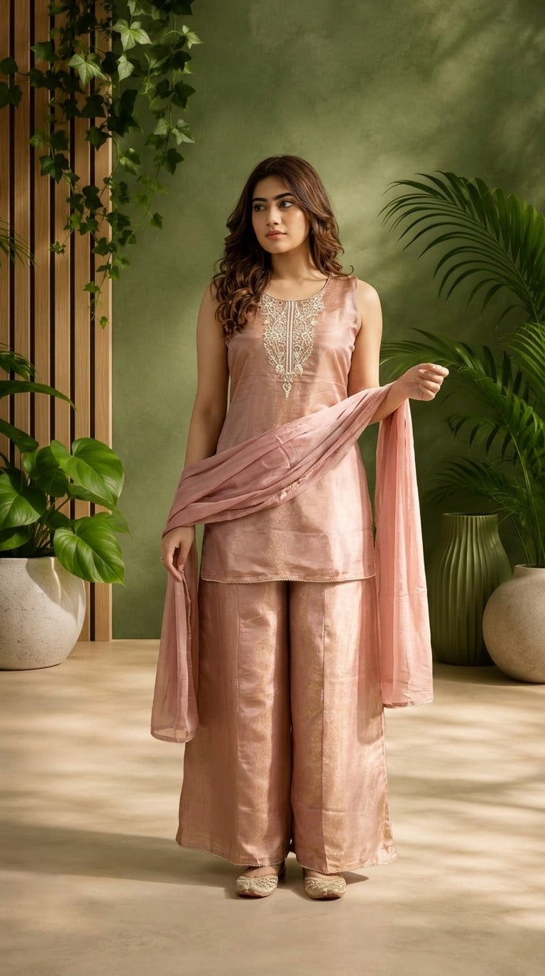 Gajri Tissue Embroidered Palazzo Set with Zari Dupatta