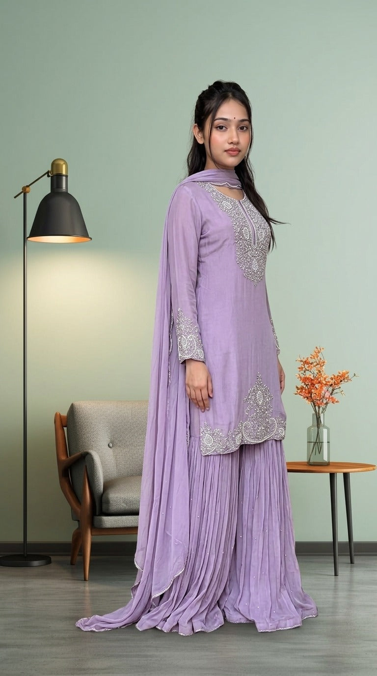Lilac Chinon Handwork Gharara Set with Sequin Dupatta