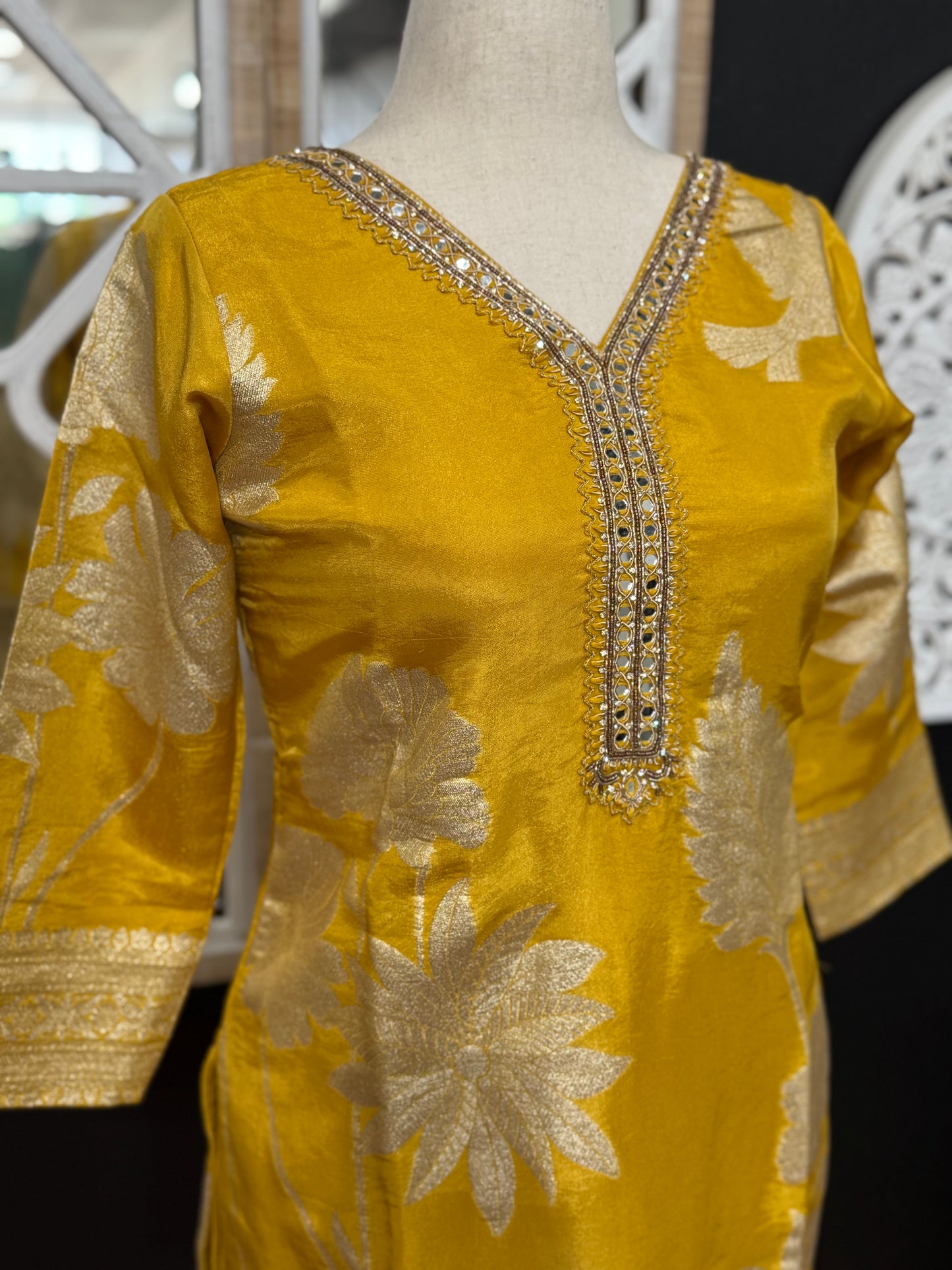 Yellow Banaras - Short top Pallazo dress