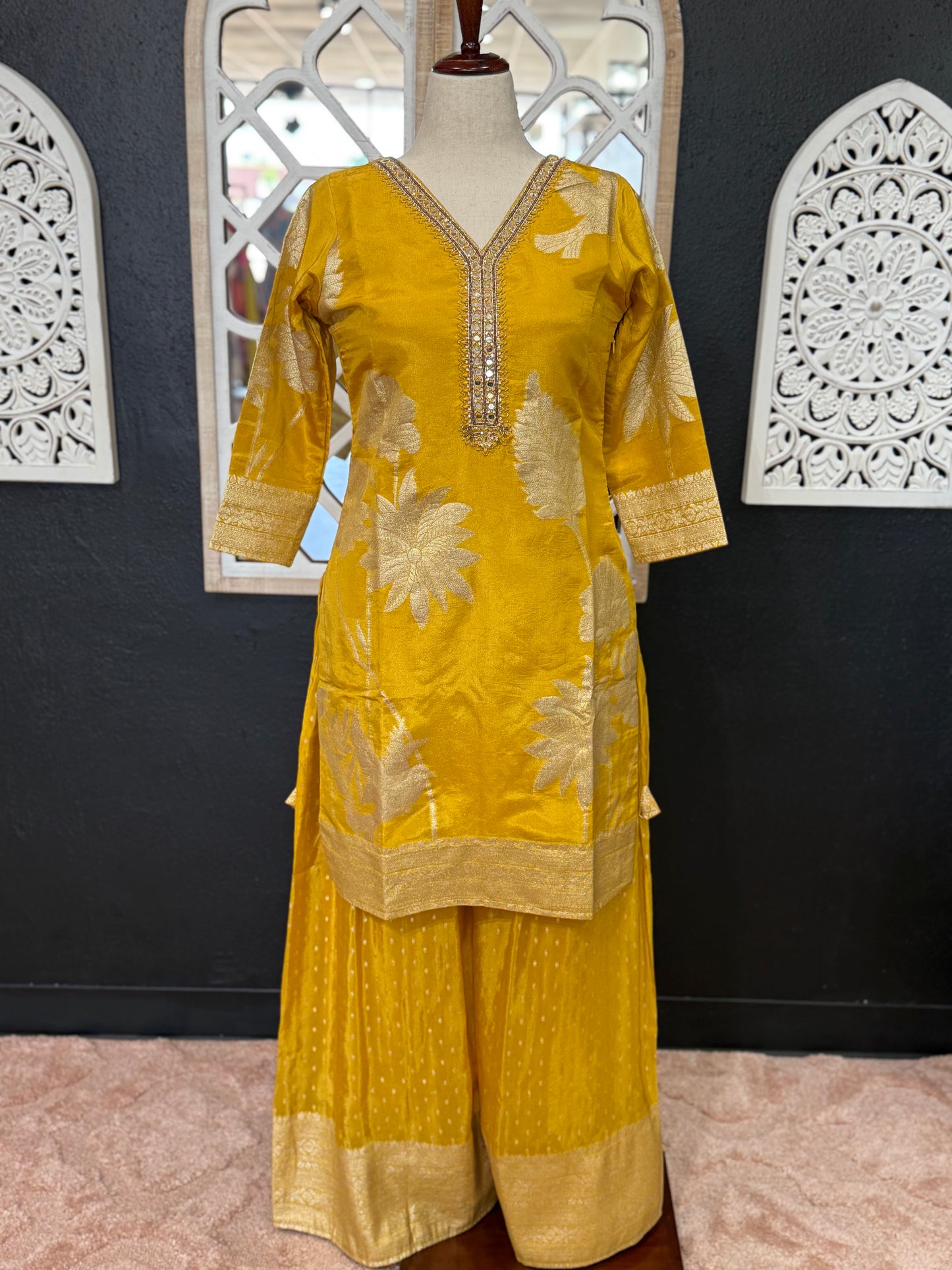 Yellow Banaras - Short top Pallazo dress