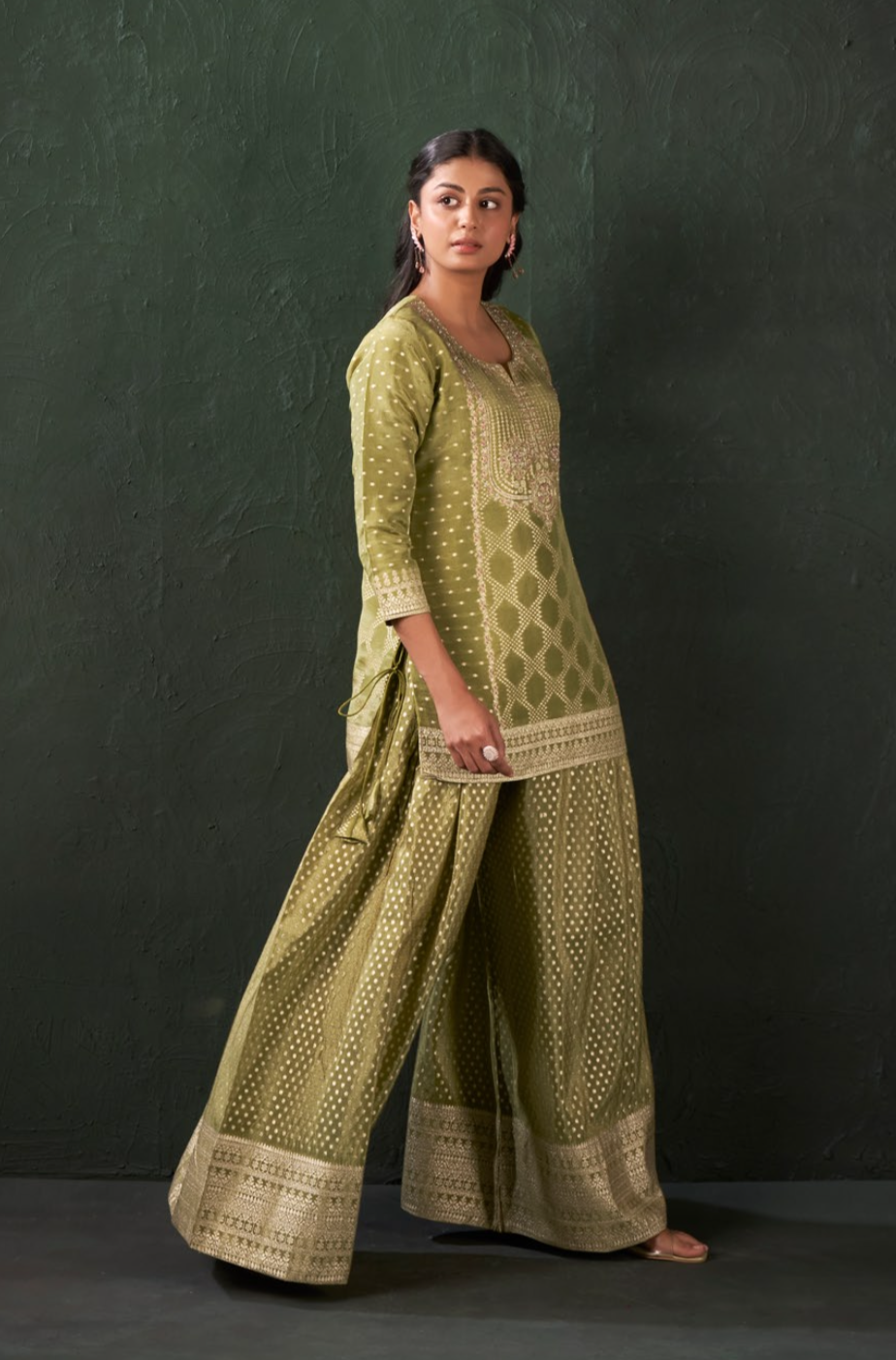 Green Banaras - Short Top - Pallazo dress