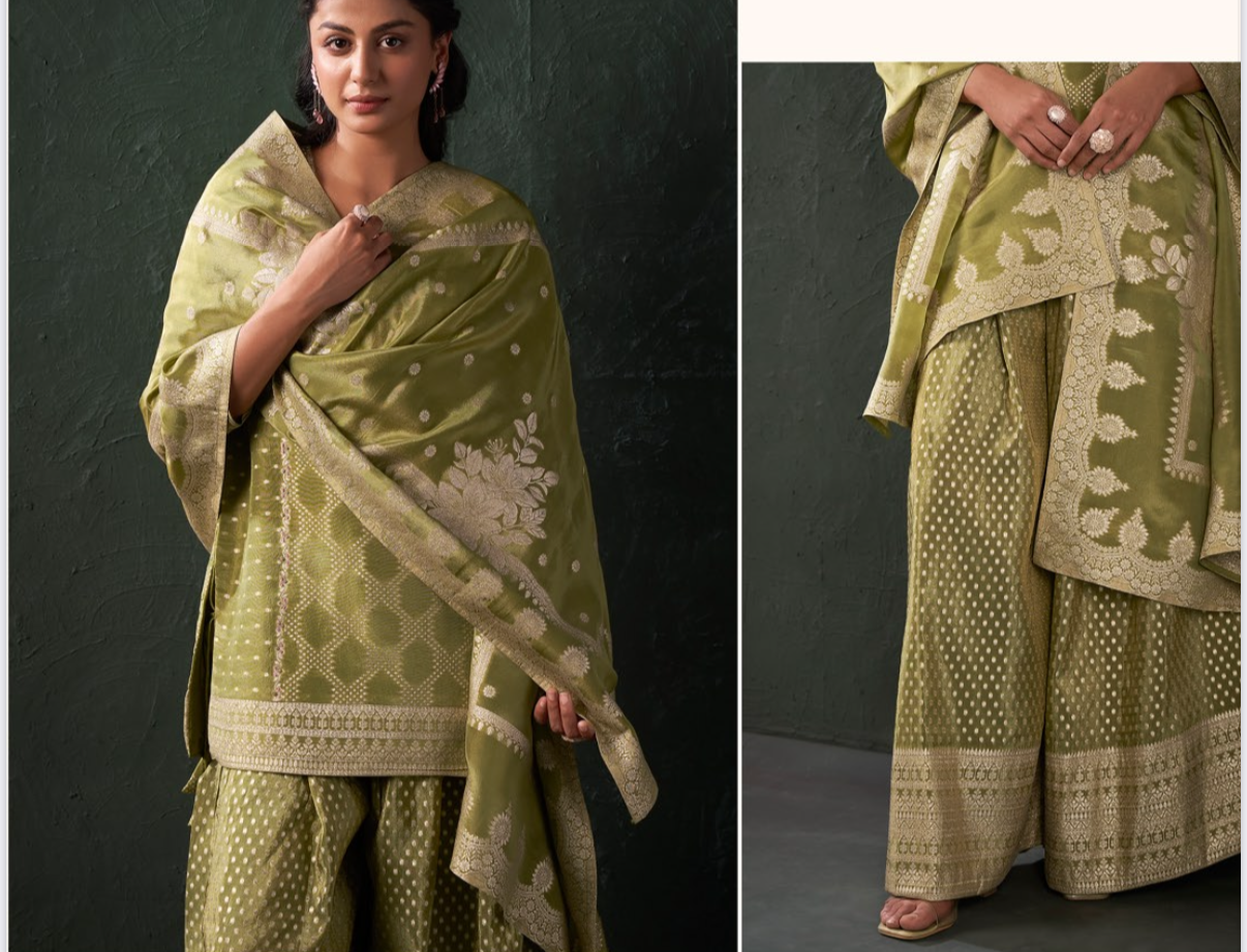 Green Banaras - Short Top - Pallazo dress