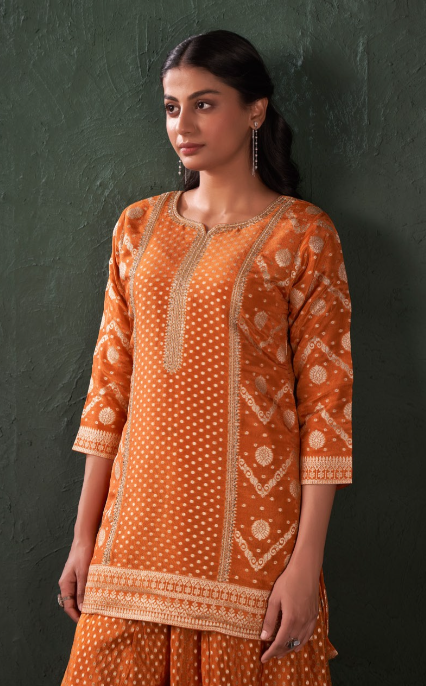 Orange Banaras - Short Top Pallazo dress