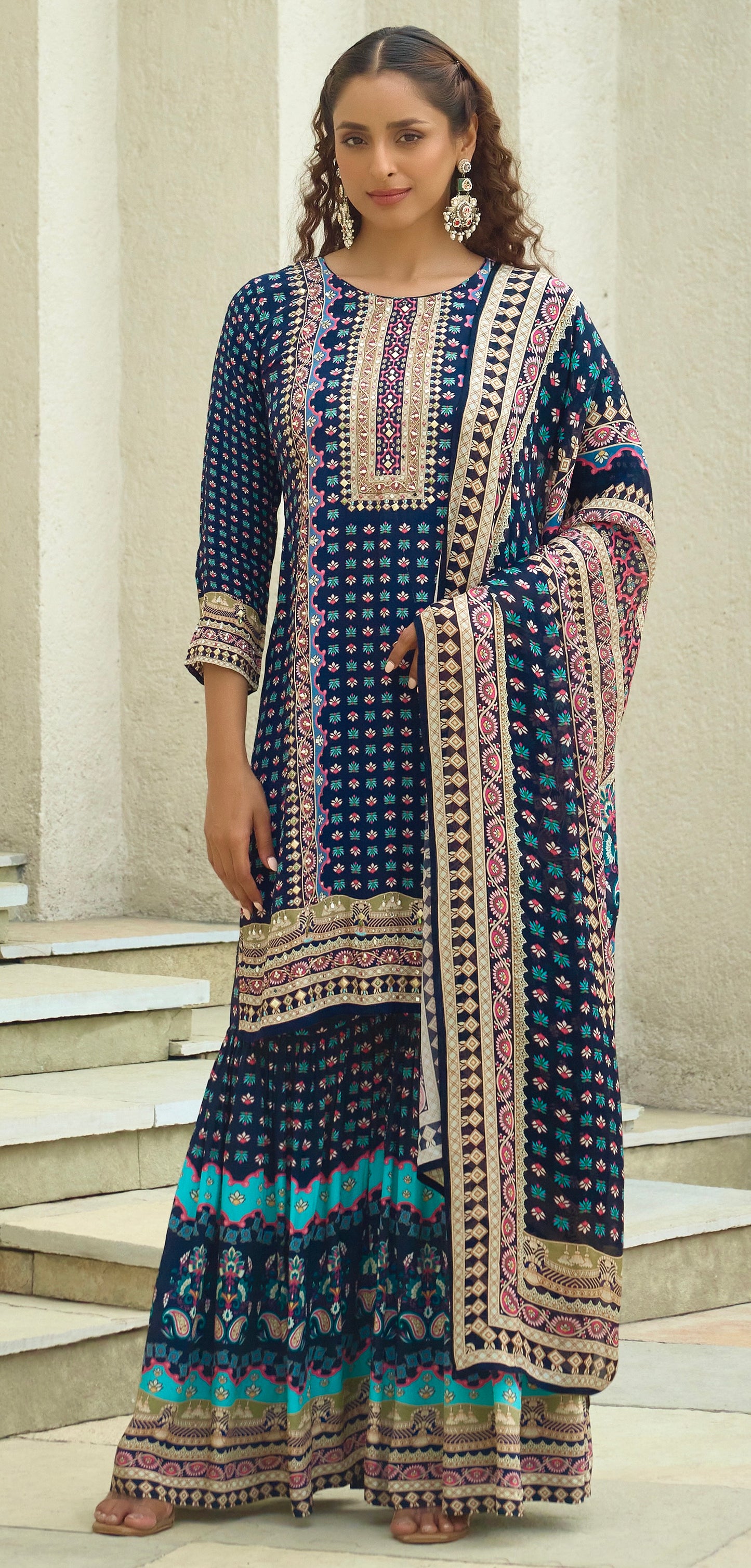Navy Blue Crepe Gharara set