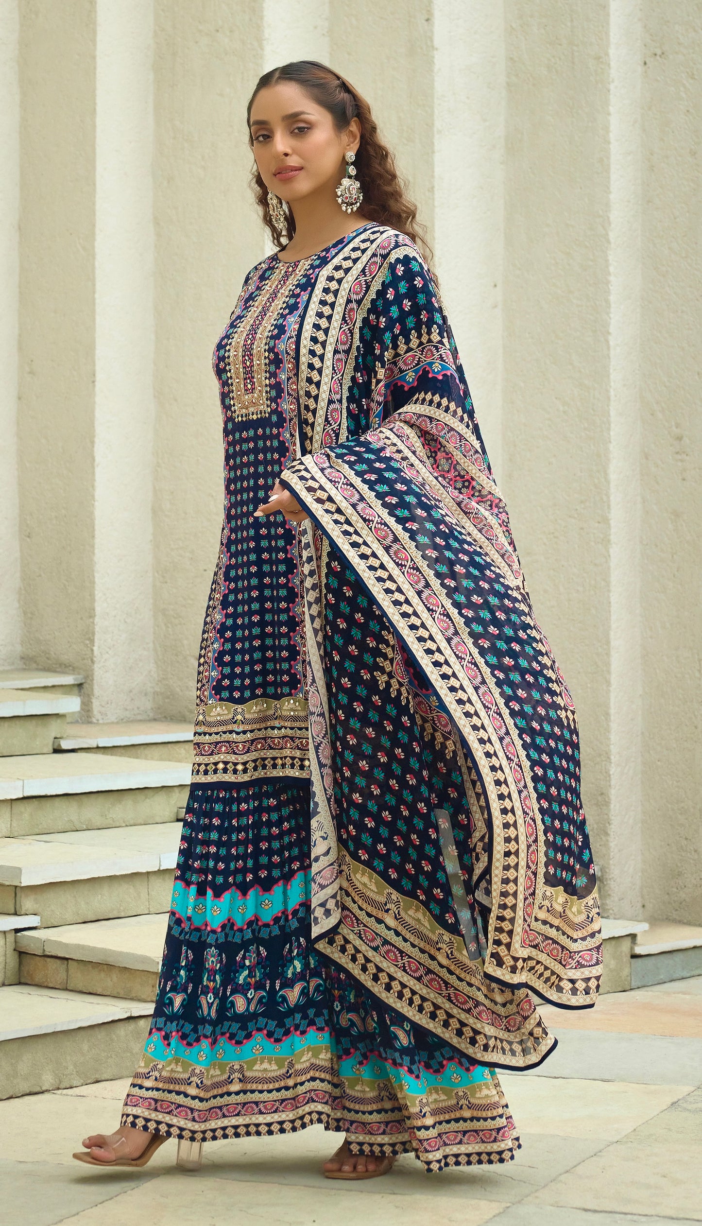 Navy Blue Crepe Gharara set