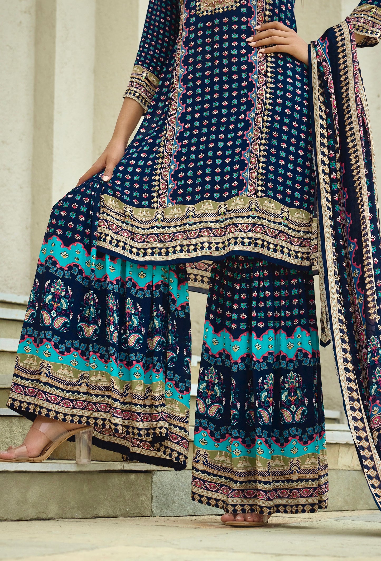Navy Blue Crepe Gharara set