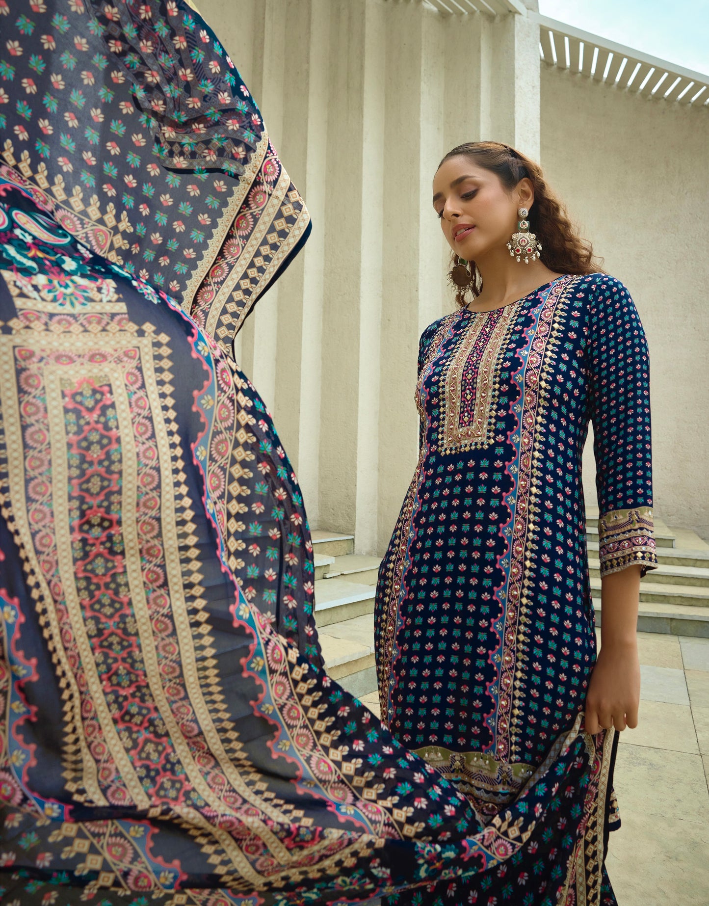 Navy Blue Crepe Gharara set