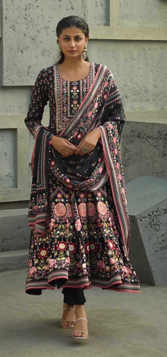 Black Floral Crepe Kalidar