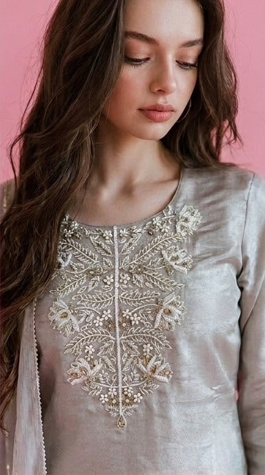 Light Grey Tissue Embroidered Palazzo Set with Zari Dupatta