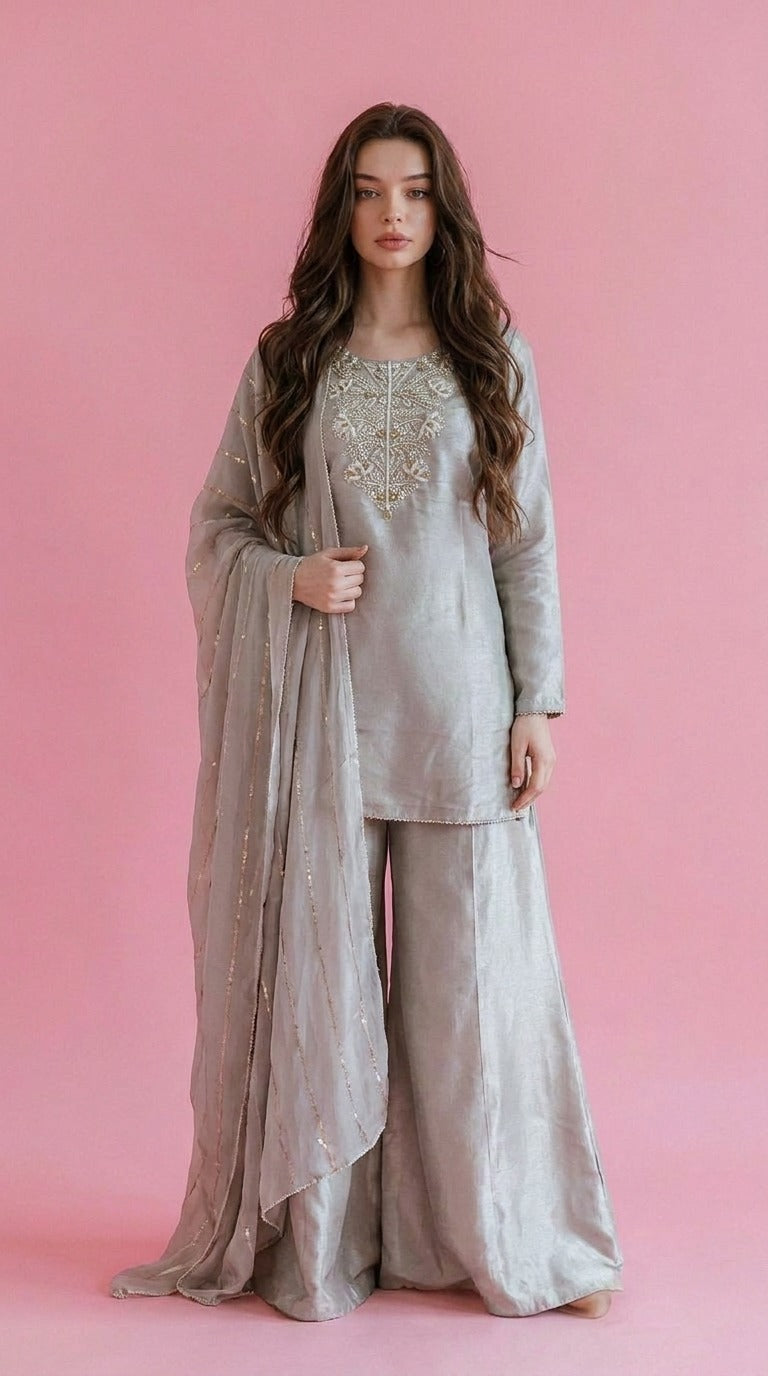 Light Grey Tissue Embroidered Palazzo Set with Zari Dupatta