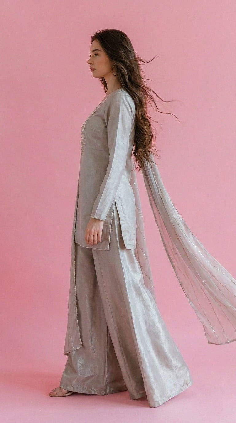 Light Grey Tissue Embroidered Palazzo Set with Zari Dupatta