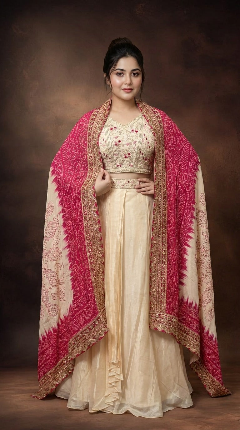 Ivory & Pink Embroidered Crop Top, Pleated Skirt & Jacket-Dupatta Set