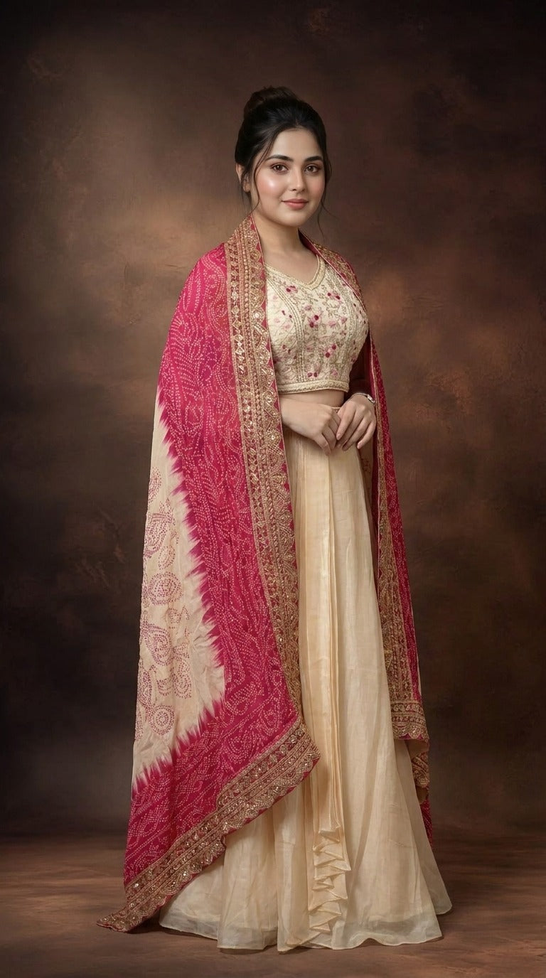 Ivory & Pink Embroidered Crop Top, Pleated Skirt & Jacket-Dupatta Set