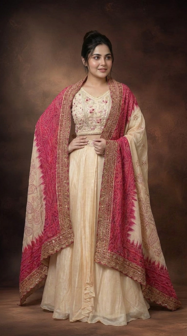 Ivory & Pink Embroidered Crop Top, Pleated Skirt & Jacket-Dupatta Set