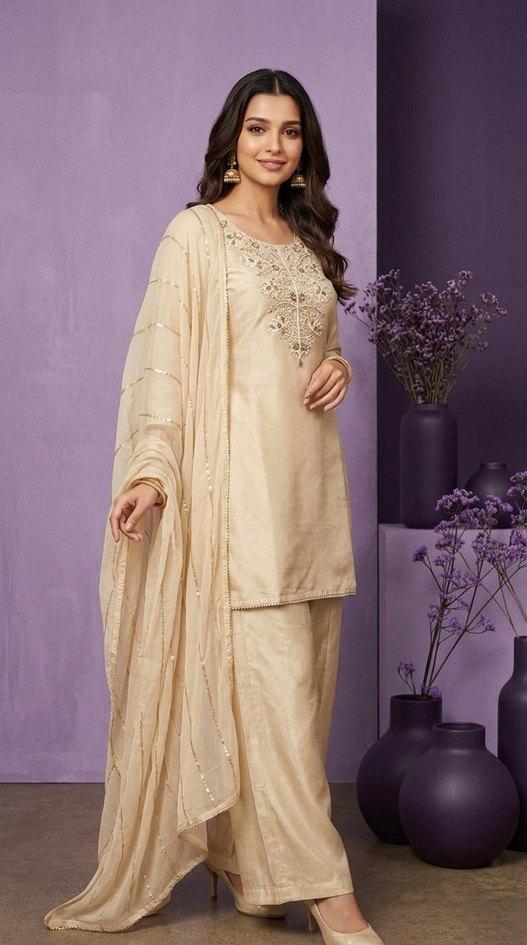 Cream Tissue Embroidered Palazzo Set with Zari Dupatta