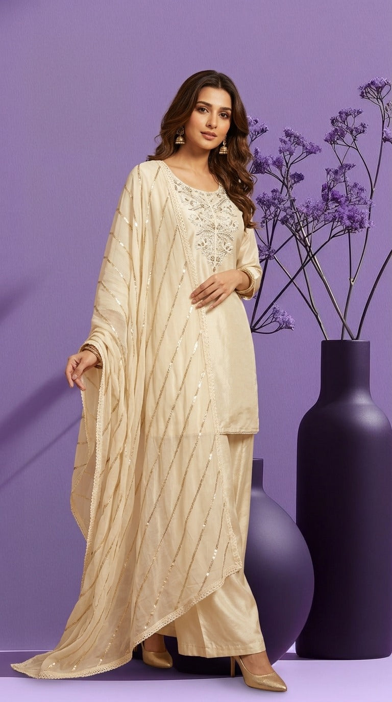 Cream Tissue Embroidered Palazzo Set with Zari Dupatta