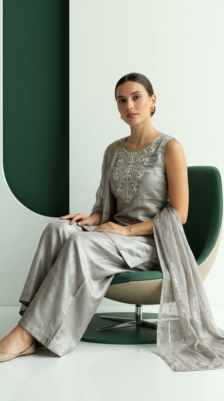 Light Grey Tissue Embroidered Palazzo Set with Zari Dupatta