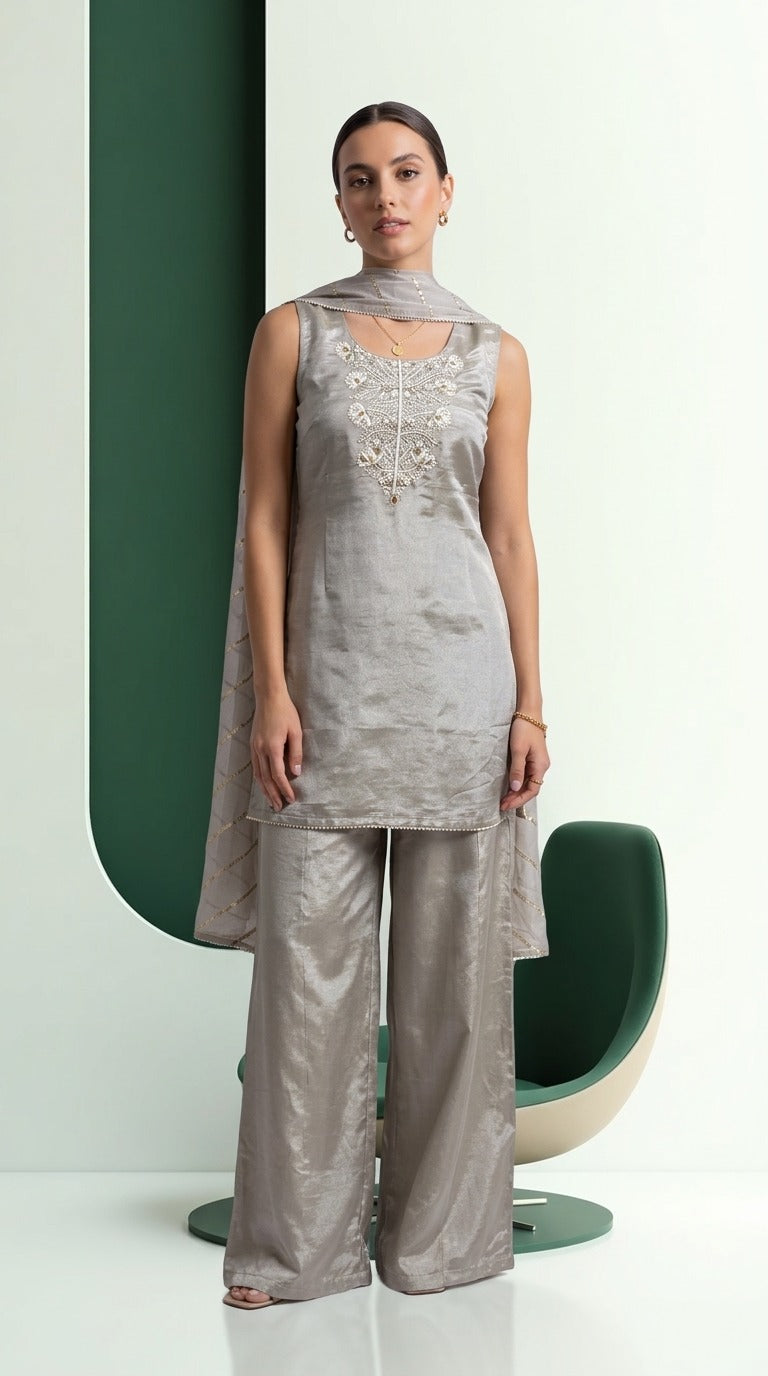 Light Grey Tissue Embroidered Palazzo Set with Zari Dupatta