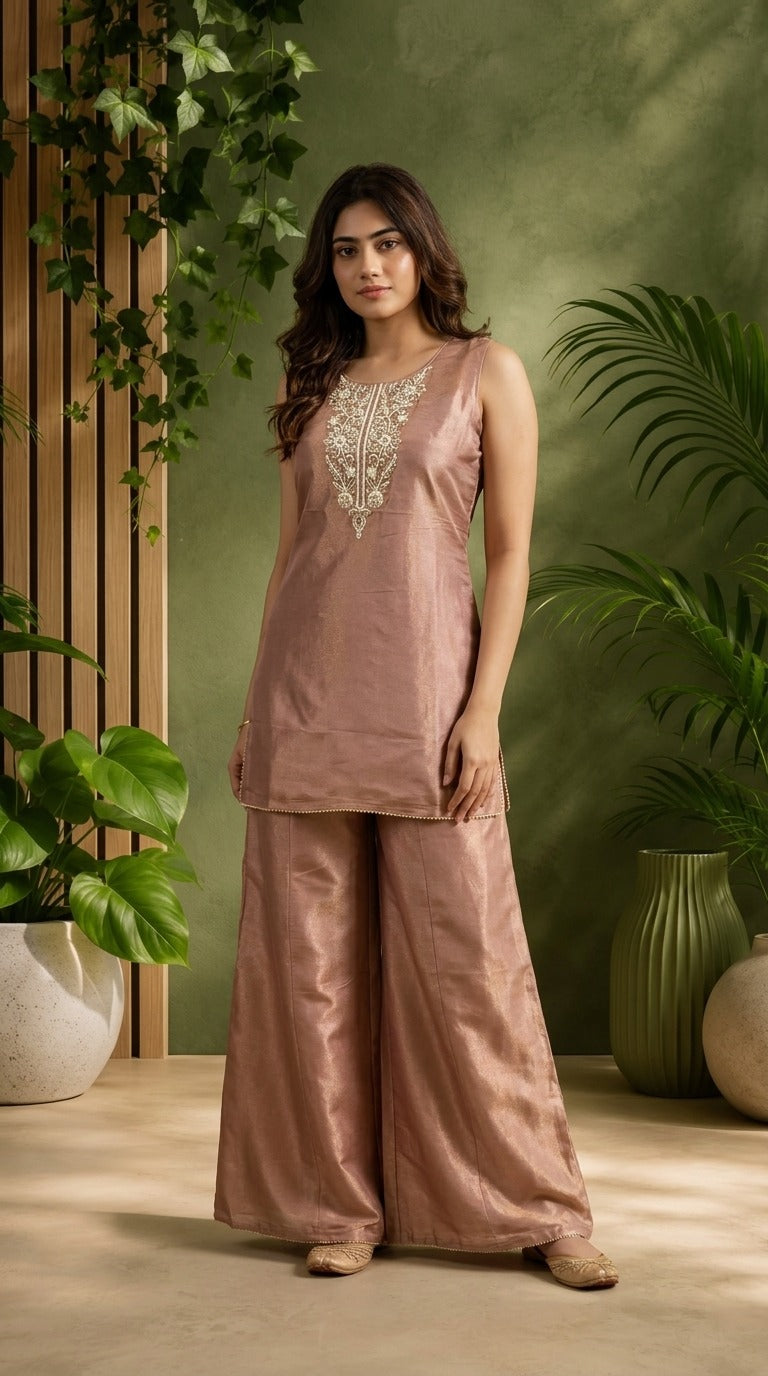Gajri Tissue Embroidered Palazzo Set with Zari Dupatta