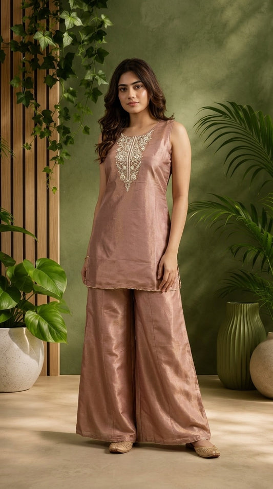 Gajri Tissue Embroidered Palazzo Set with Zari Dupatta