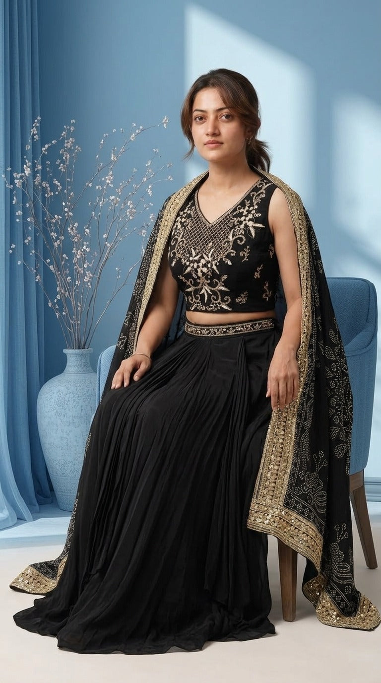 Black Embroidered Crop Top, Pleated Skirt & Jacket-Dupatta Set