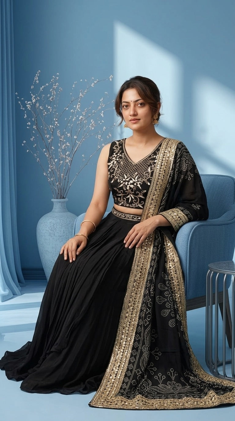 Black Embroidered Crop Top, Pleated Skirt & Jacket-Dupatta Set
