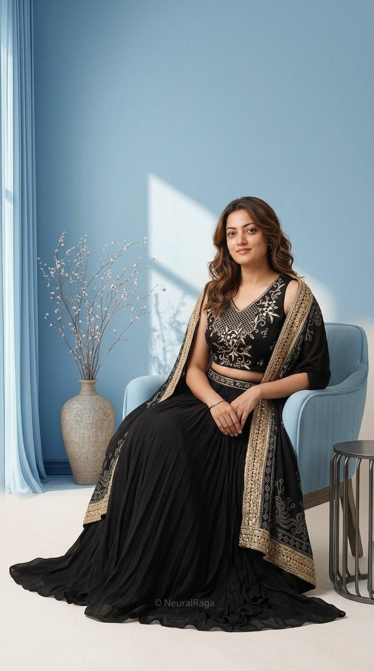 Black Embroidered Crop Top, Pleated Skirt & Jacket-Dupatta Set