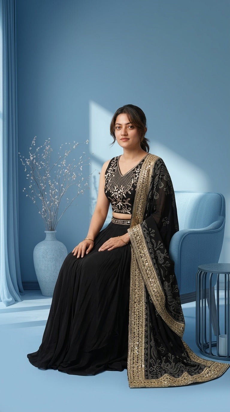Black Embroidered Crop Top, Pleated Skirt & Jacket-Dupatta Set