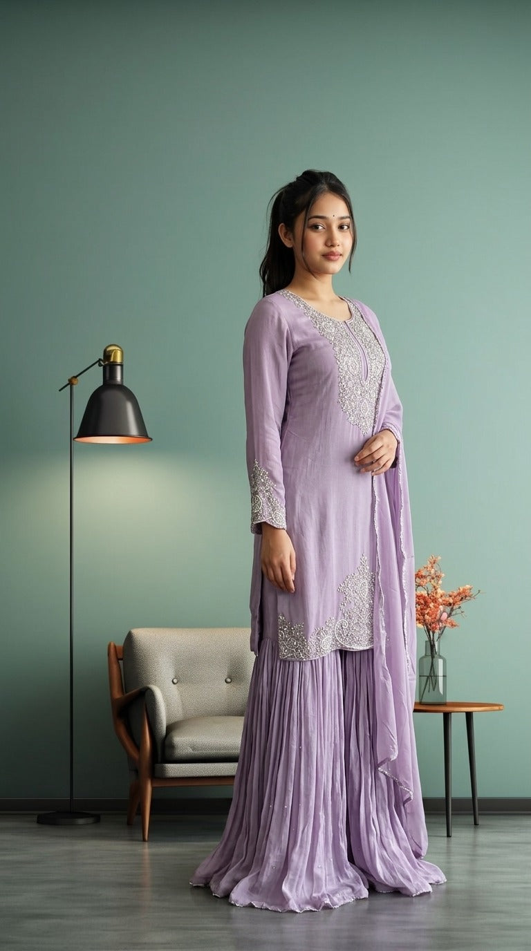 Lilac Chinon Handwork Gharara Set with Sequin Dupatta