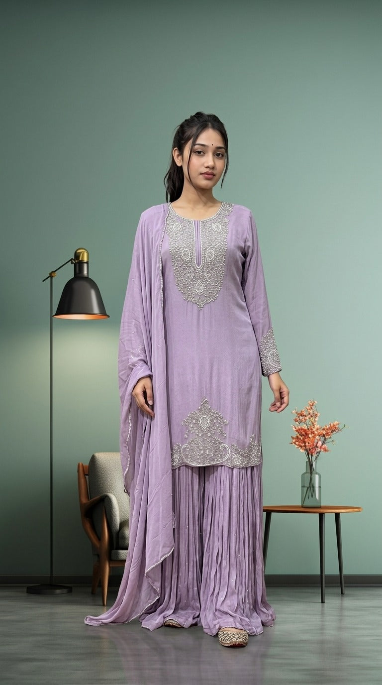 Lilac Chinon Handwork Gharara Set with Sequin Dupatta