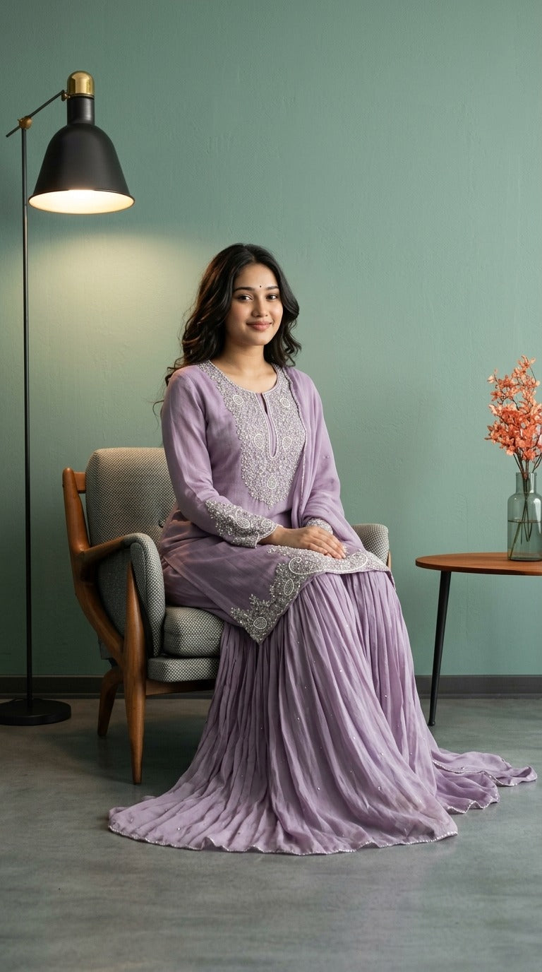 Lilac Chinon Handwork Gharara Set with Sequin Dupatta