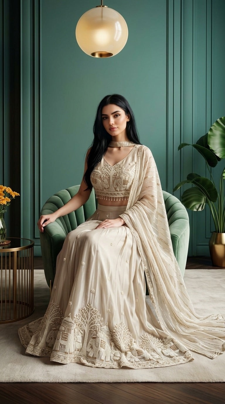Ivory Cream Handcrafted Pure Crepe 3-Piece Set