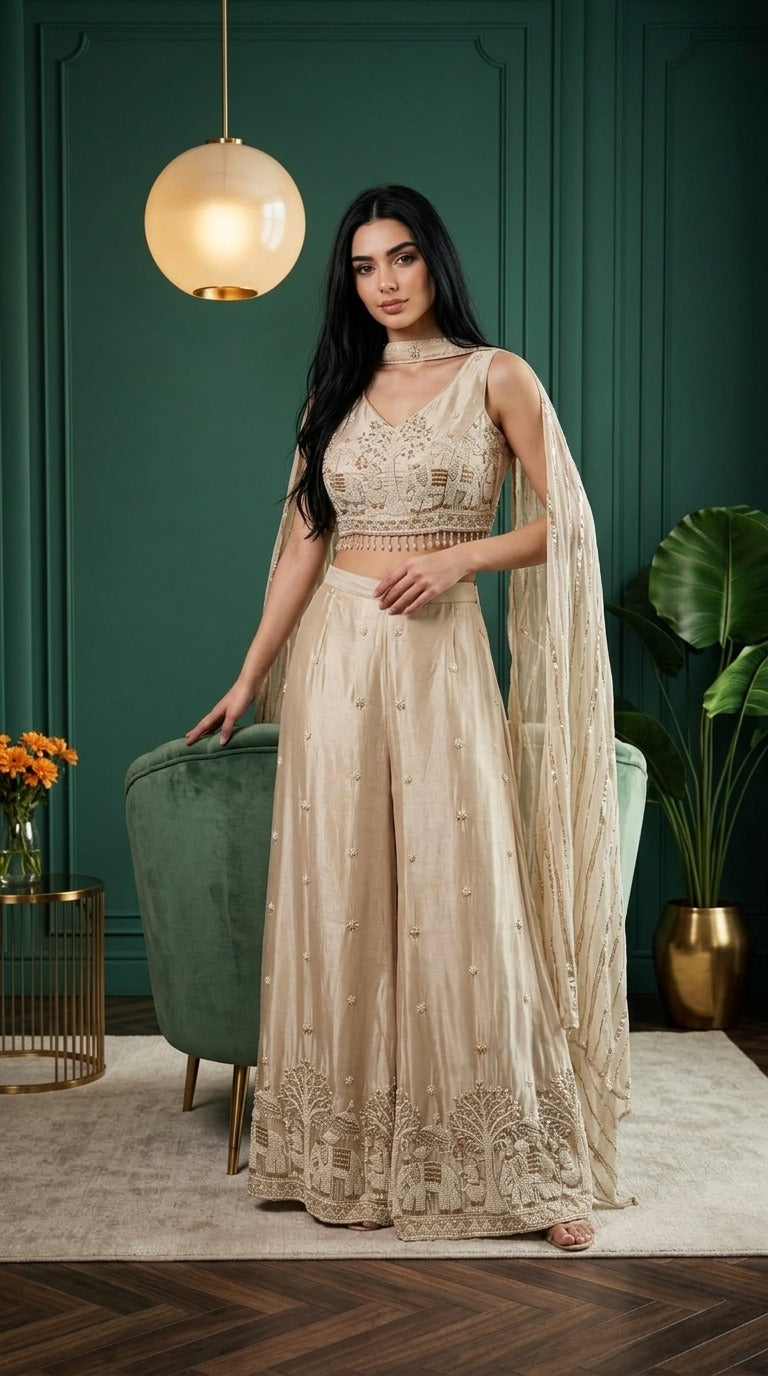 Ivory Cream Handcrafted Pure Crepe 3-Piece Set