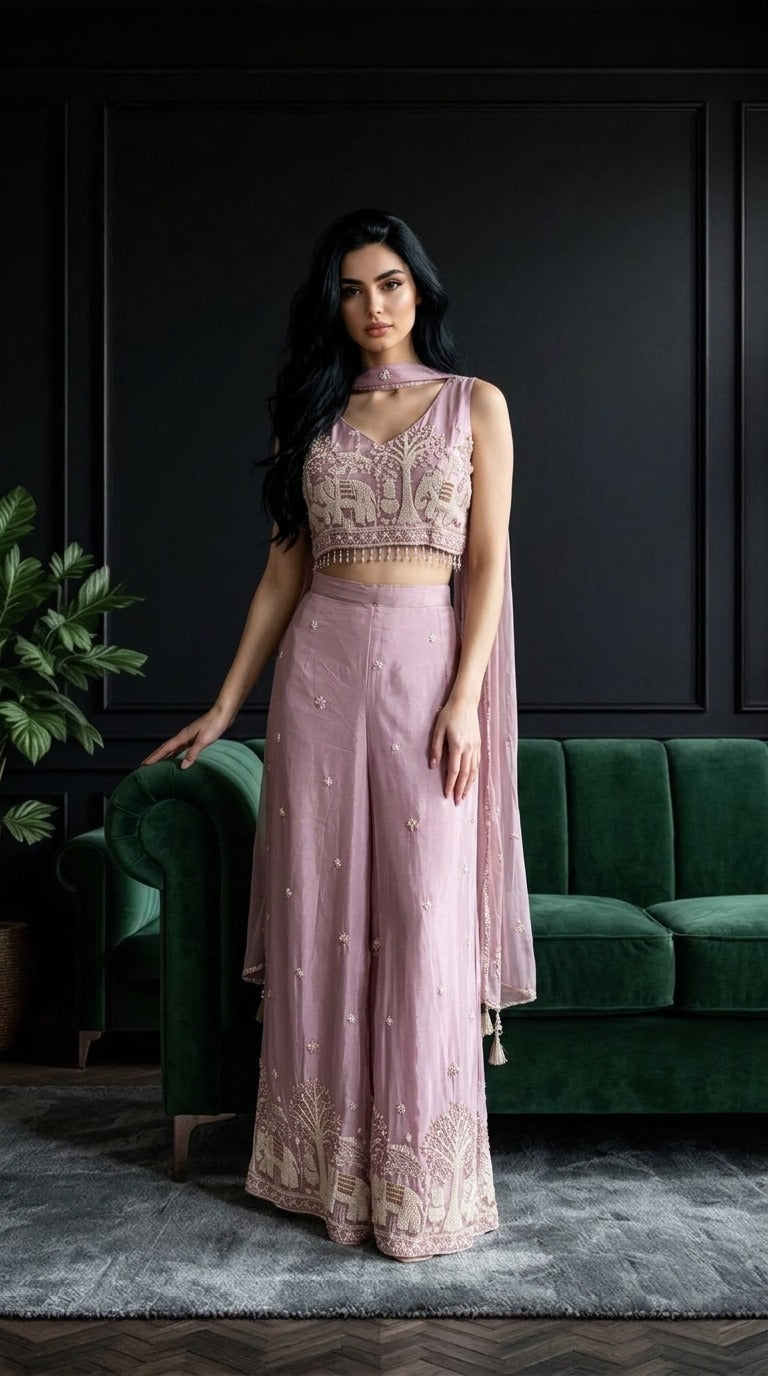 Pastel Pink Handcrafted Pure Crepe 3-Piece Set