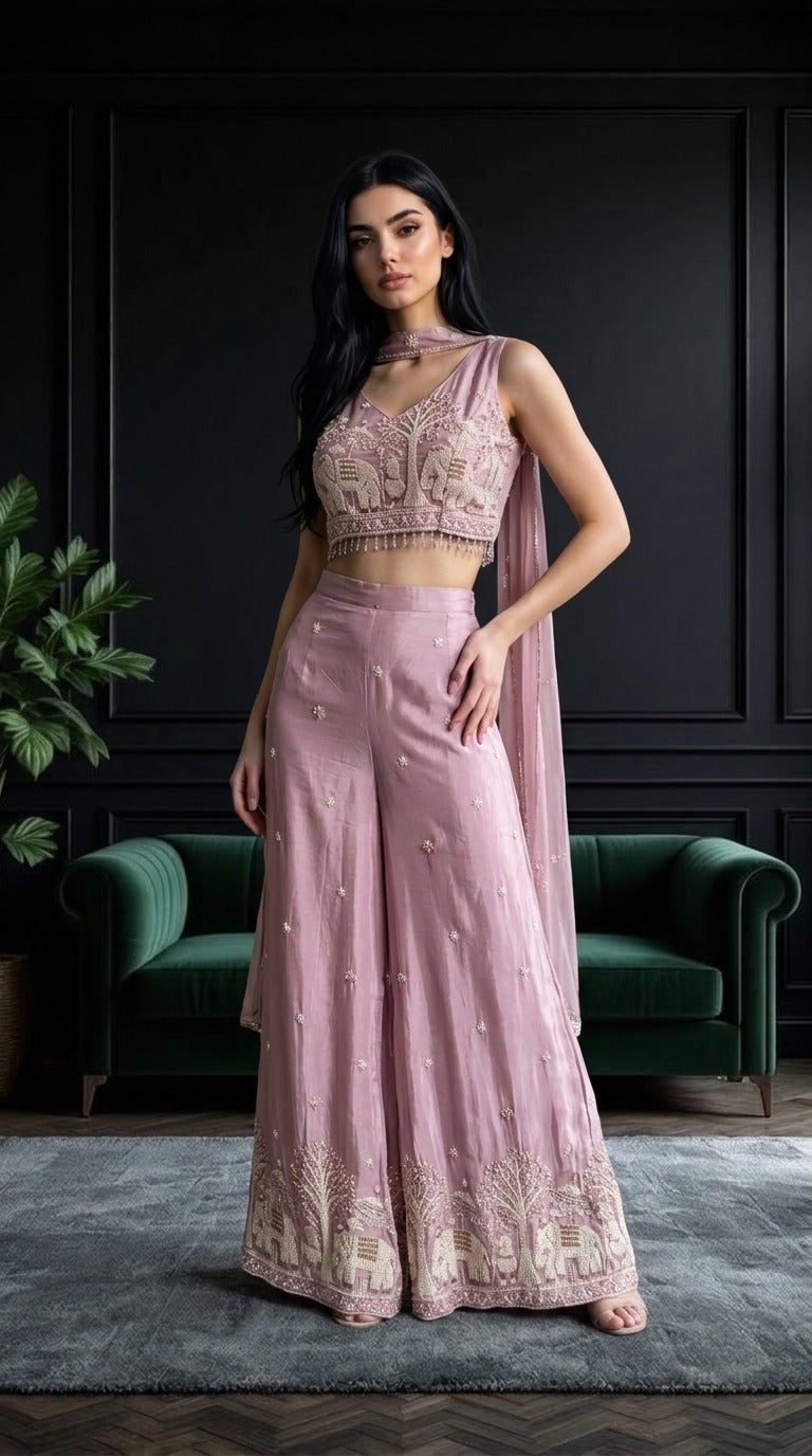 Pastel Pink Handcrafted Pure Crepe 3-Piece Set