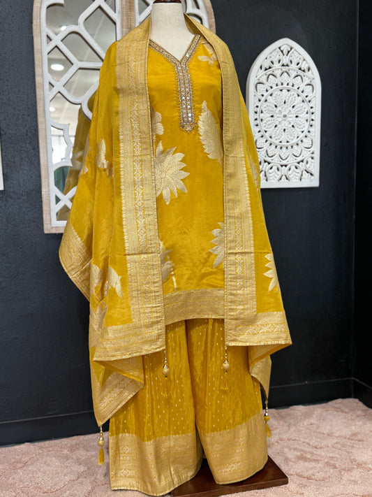 Yellow Banaras - Short top Pallazo dress