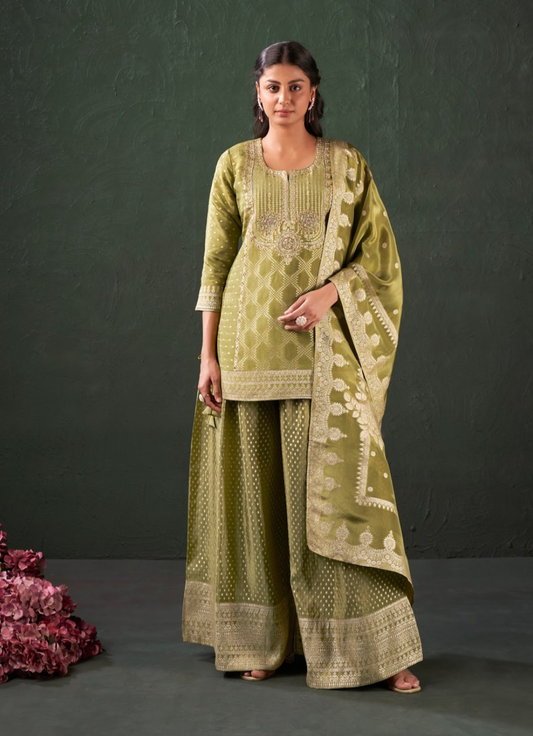 Green Banaras - Short Top - Pallazo dress