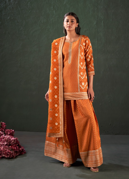 Orange Banaras - Short Top Pallazo dress