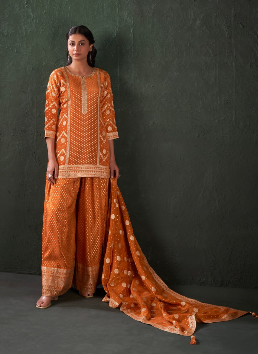 Orange Banaras - Short Top Pallazo dress